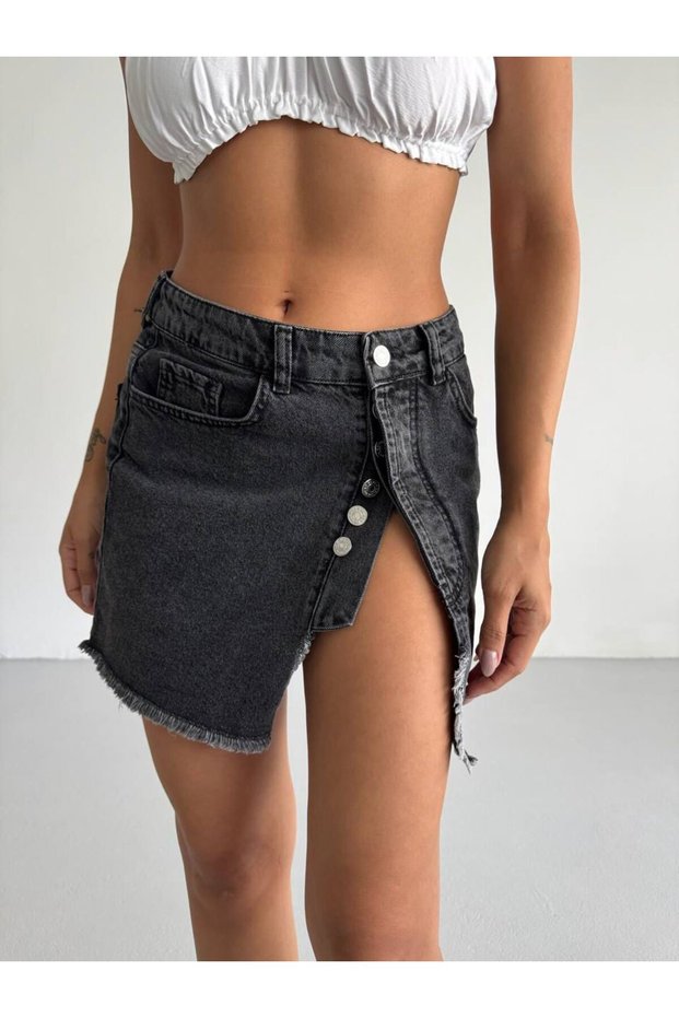 Women's Mini Denim Skirt with Button Detail and Slit