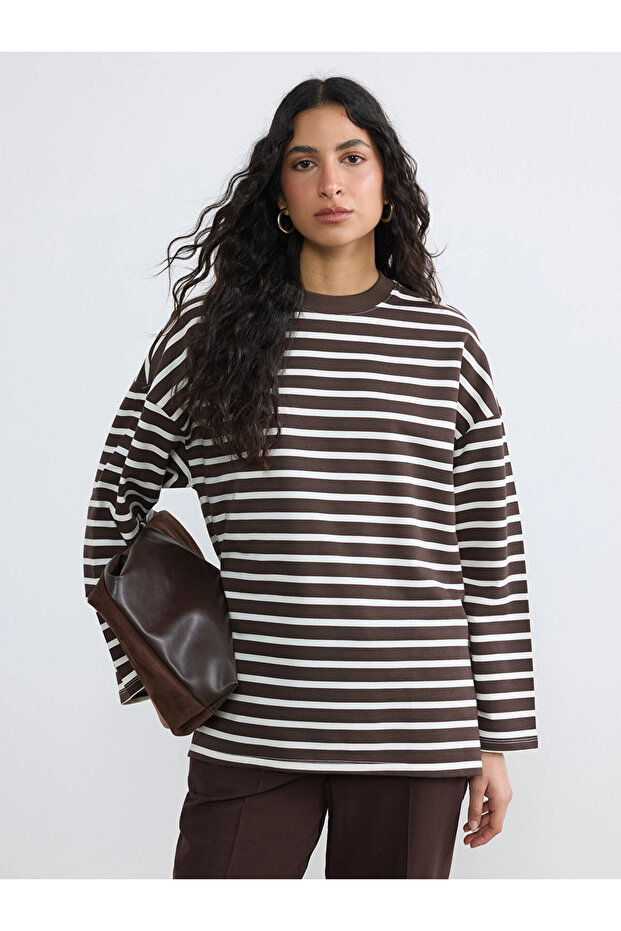 Lcw Modest Ecru Striped Oversized Women's Sweatshirt Tunic