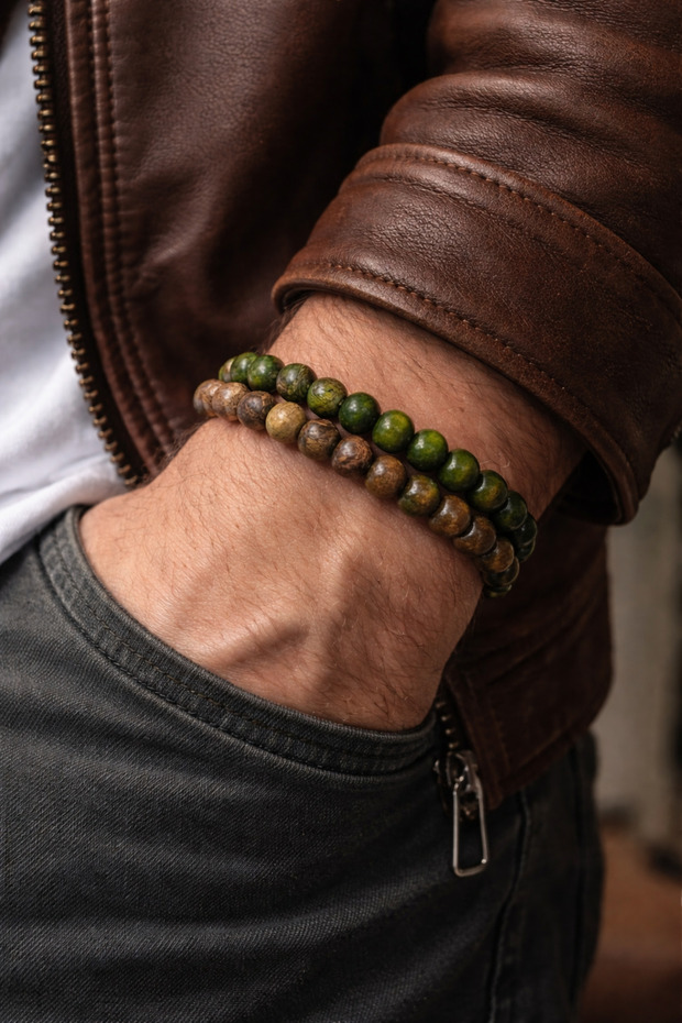 2-Piece Men's 8 mm Wooden Bead Bracelet – Elastic Cord Handmade
