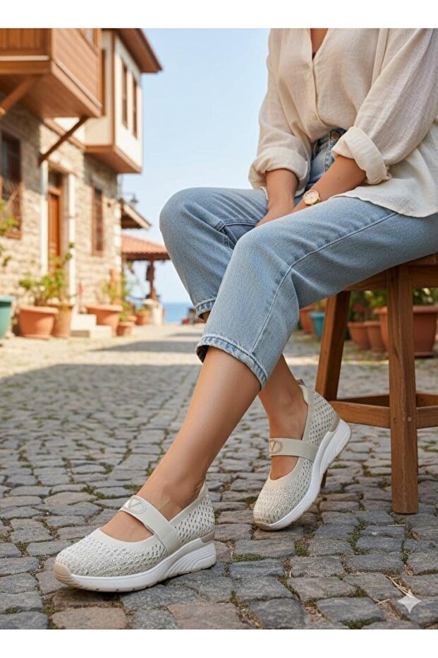 26Y305-2 Comfortable Stoned Textile Ballet Women's Shoes