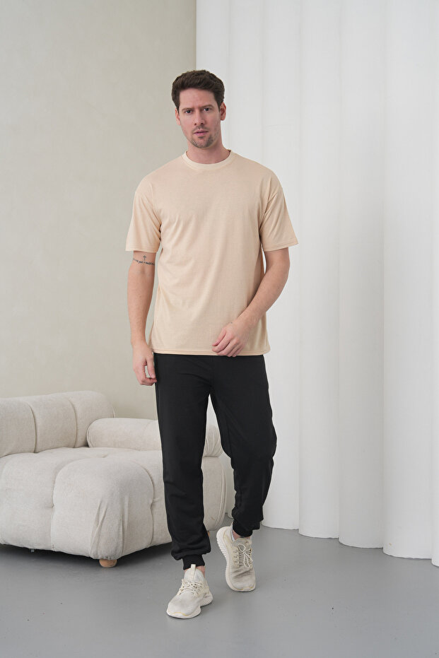 Men's Beige-Black Cotton Pack Crew Neck Sweater Pocketed Jogger Pants Top and Bottom Set
