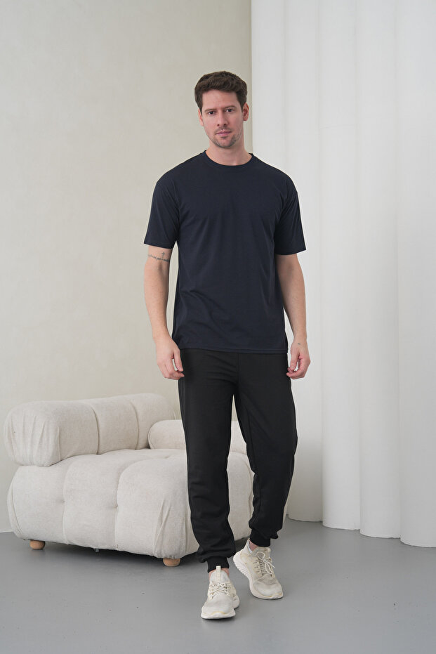 Men's Navy Blue-Black Cotton Pack Crew Neck T-Shirt Pocketed Jogger Pants Top and Bottom Set