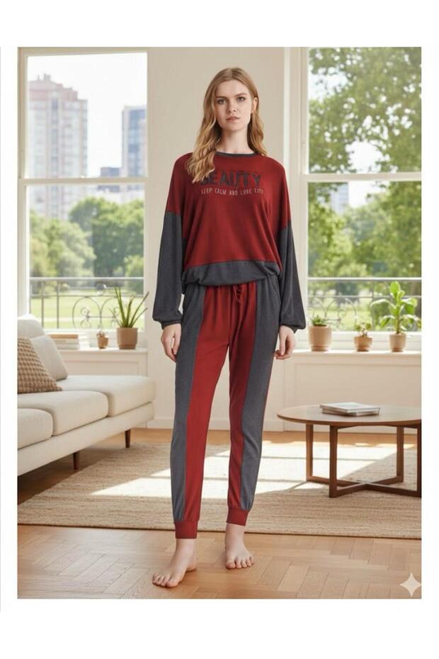 Women's Long Sleeve Cuff Detailed Stripe Pattern Thermal Pajama Set - Wide Fit