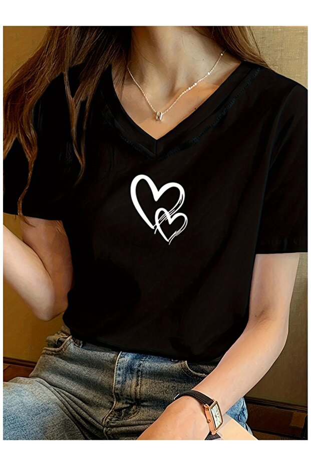 Women's Minimal Heart Printed V-Neck Sleeves Regular Fit T-Shirt