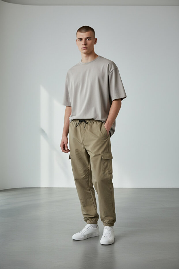 Light Khaki Cargo Pocket Trousers - Elasticated Cuffs