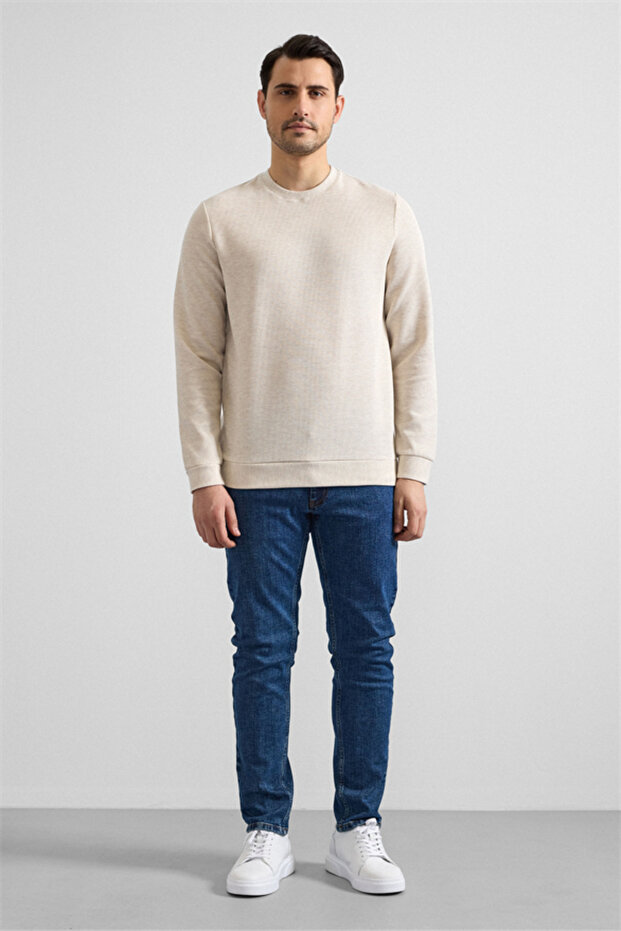 Bej Regular Düz Bisiklet Yaka Sweatshirt - 4