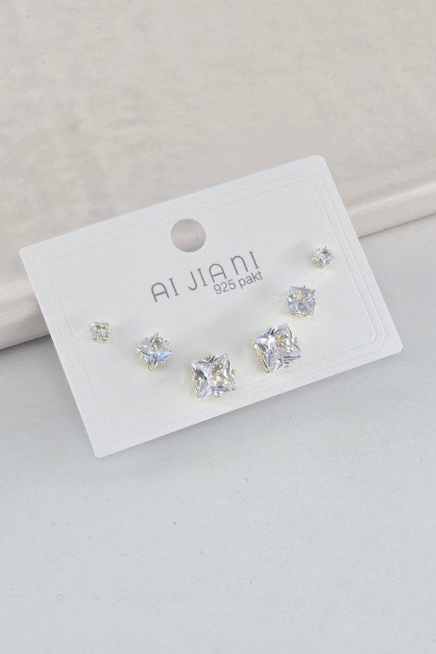 Steel Baguette Square Zircon Stone Yellow Color 6-Piece 3 Size Earring Set – Antiallergenic, Non-Tarnish