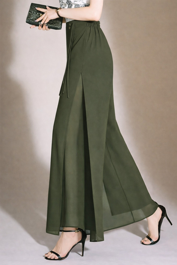 Women's Khaki High Waist Slit Double-Layered Chiffon Trousers