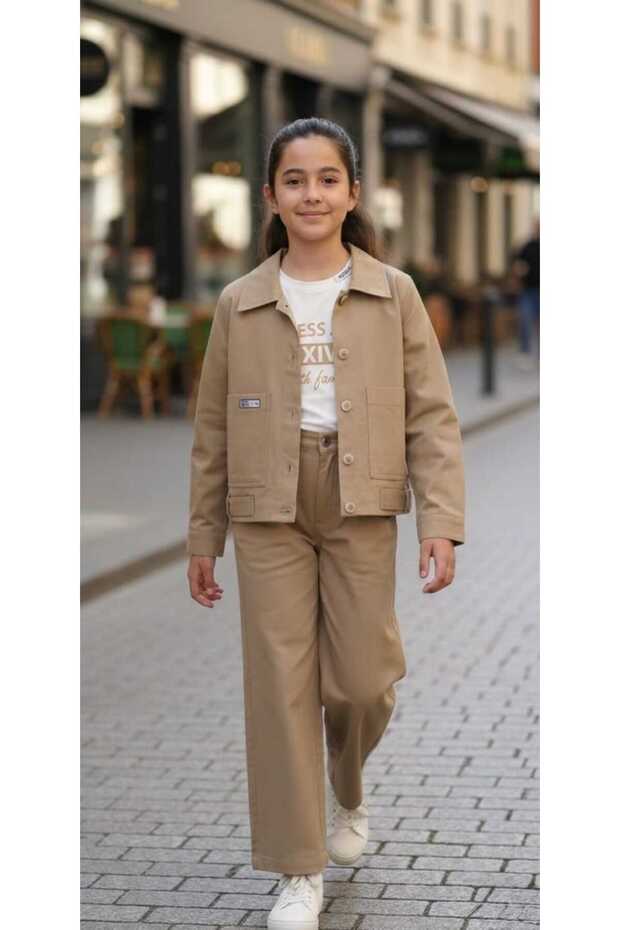 Girl's Denim Jacket - Wide-Leg Pants and Printed T-Shirts 3-Piece Set - Gabardine 3-Piece Set for Holidays
