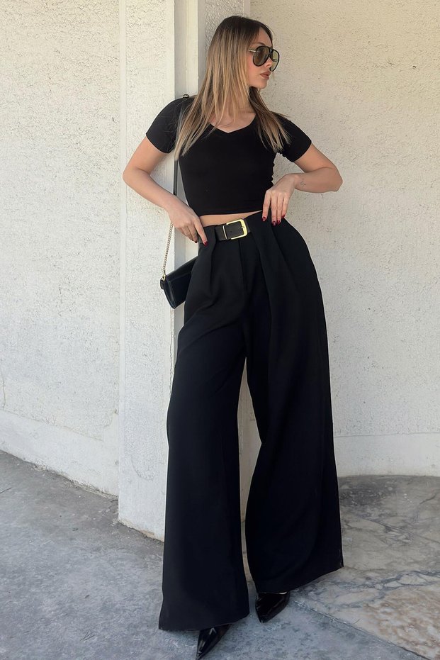 Black Nikki Pleated Detailed Set of Belt Wide-Leg Women's Palazzo Pants