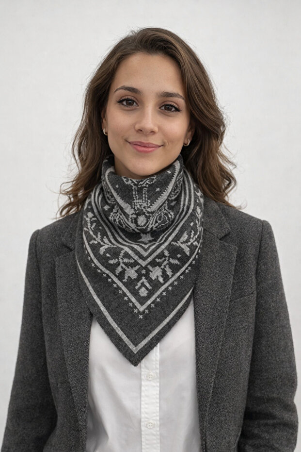 Ethnic Patterned Double-Sided Knitwear Triangle Scarf