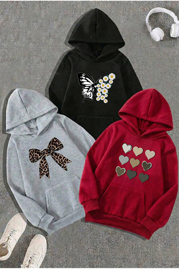 Black Red Gray Set of 3 Printed Hooded Sweatshirt