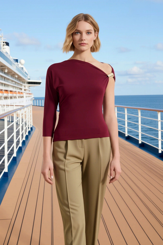 Women's Blouse Asymmetrical Collar Single Three-Quarter Sleeve Fitted Fit Knitted Fabric Accessory Detail Plain Pattern
