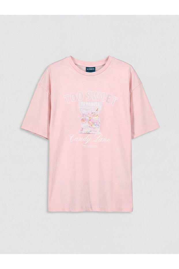 Pink Crew Neck Printed Girl's T-Shirt