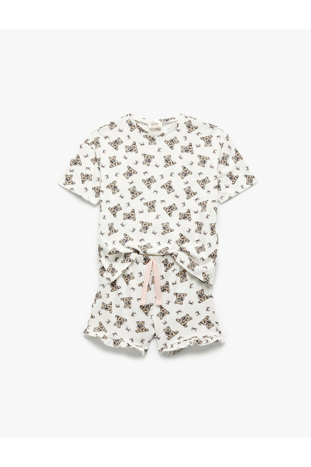 Cotton Piece Teddy Bear Printed Short Sleeve Crew Neck Pajama Set