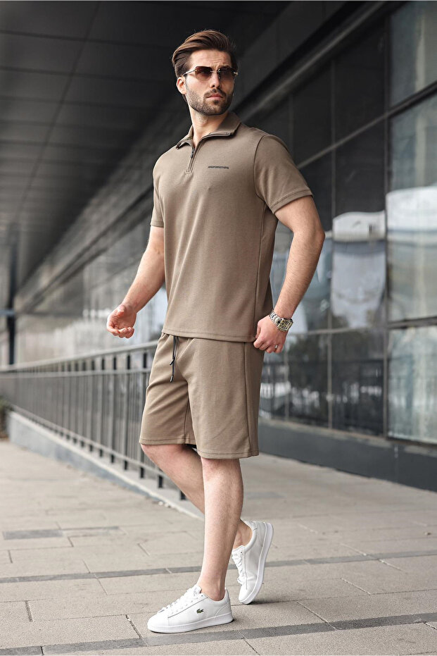 Khaki Half Zipper Polo Collar T-Shirt Shorts Set E7348