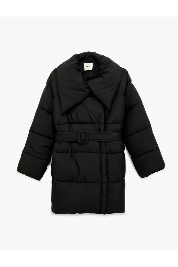 Long Sleeve Zippered Shawl Collar Belted Water Repellent Anorak Puffer Jacket