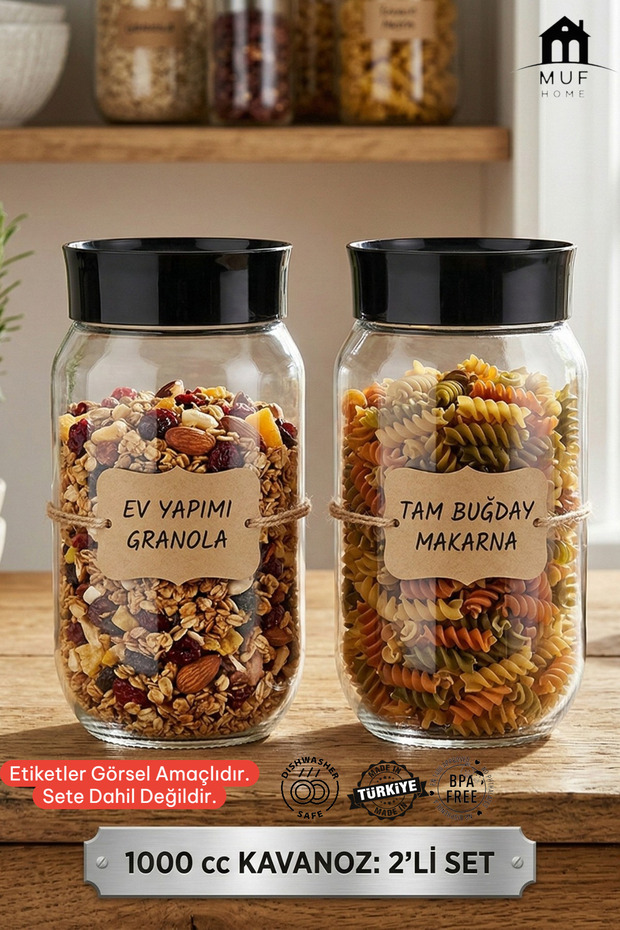 Premium Set of 2 Glass Jars with Top Window - 1000 Cc Modern Black Lidded Storage Container for Legumes and Spices