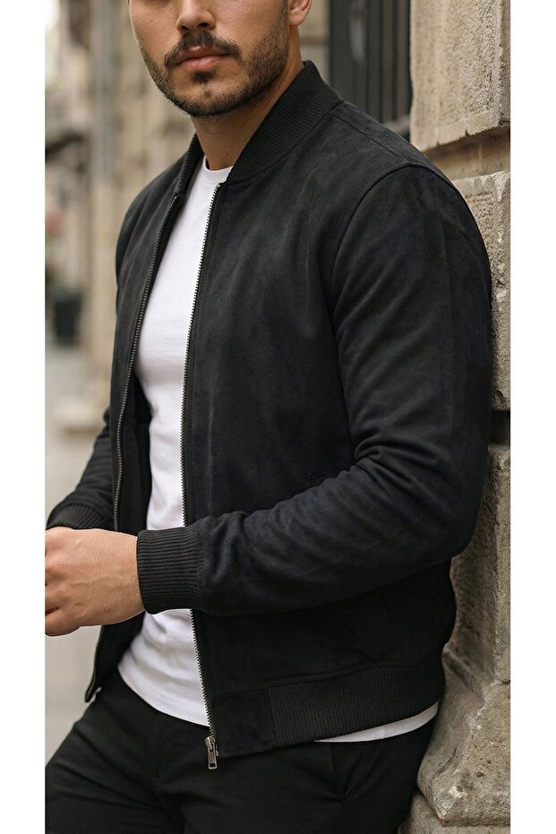Men's Front-Zippered Jacket with Lined Suede Pockets Inside