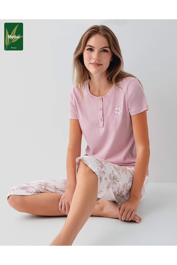 Modal Cotton Lu Short Sleeve Pocketed Women's Capri Pajama Set