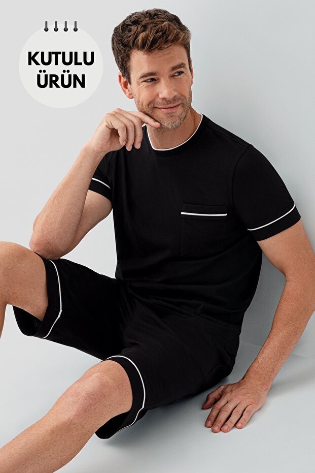 100% Cotton Pieces Piped Detail Short Sleeve Men's Bermuda Shorts Pajama Set Boxed