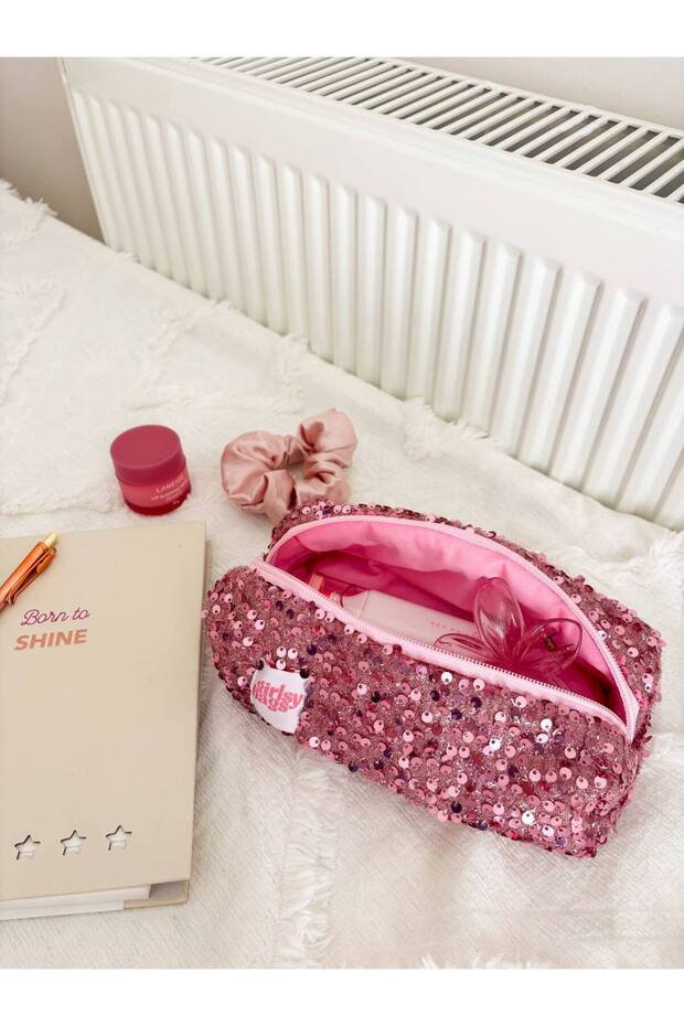 Pink Sequined Single Eyed Pen Holder Stylish Washable Zippered School Pencil Case