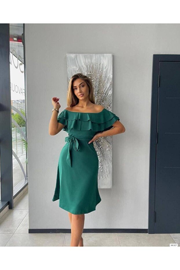 Emerald Drop-Shoulder Belted Stylish Event Dress 581327
