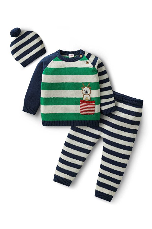 Cotton Knit Full Raglan Sleeve Pullover Striped Sweater Set Cap & Patch Detailing-Multicolor