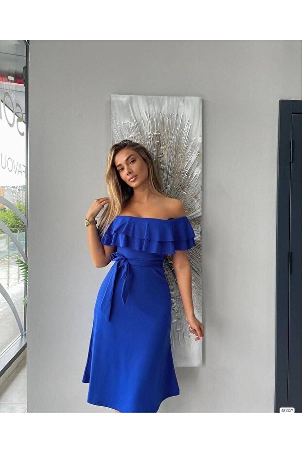 Cobalt Drop-Shoulder Belted Stylish Event Dress 581327