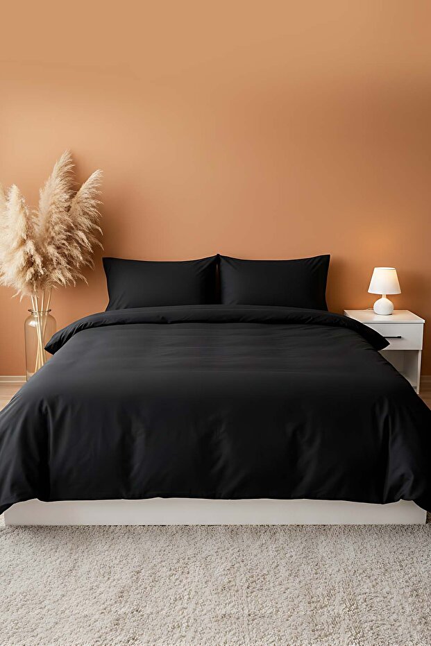Elegant Black Satin Double 100% Cotton Pieces Duvet Cover Set - 4 Pieces
