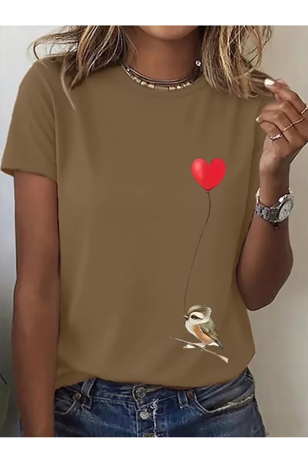 Women's Sparrow&Heart Printed Oversized T-Shirt Loose Fit