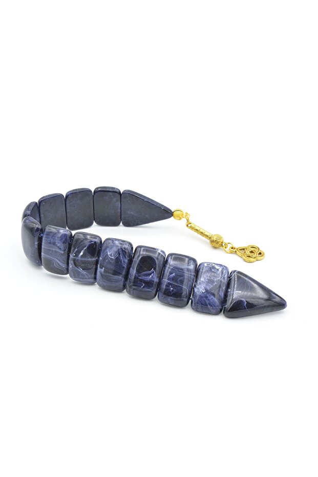 Coarse Grain Marbled Dark Navy Blue Powder Amber Fish Prayer Beads 004