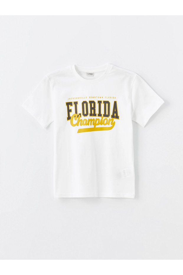 Lcw Kids Ecru Crew Neck Printed Short Sleeve Boys T-Shirt