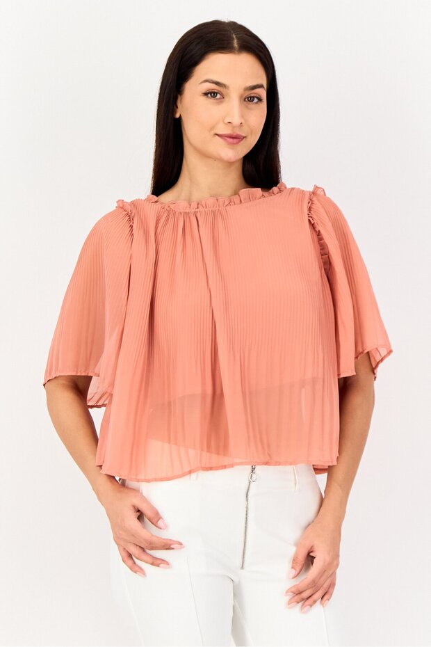 Women Ruffle Neck Elbow Sleeve Textured Blouse, Old Rose Pink