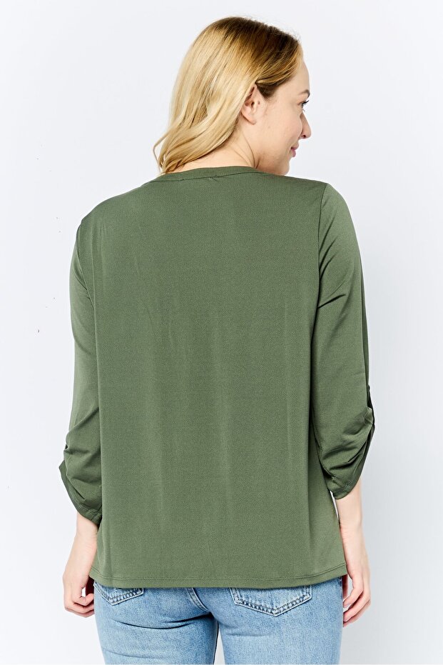 Women Split Neck Roll Tab Sleeve Solid Blouse, Olive - 4