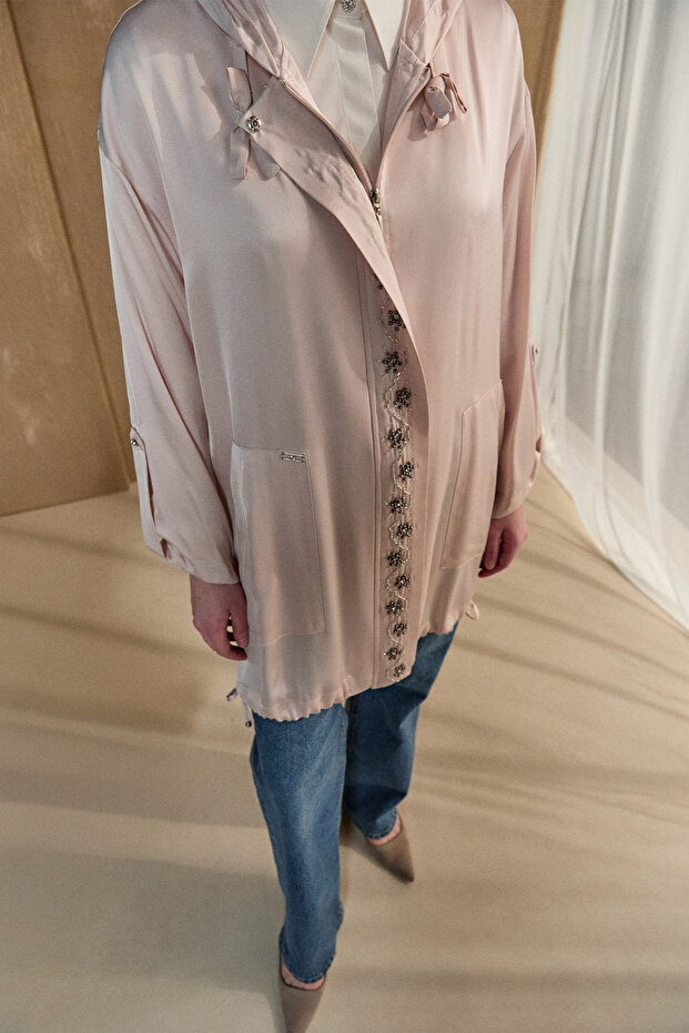 İşlemeli Floş Saten Tunik - 3