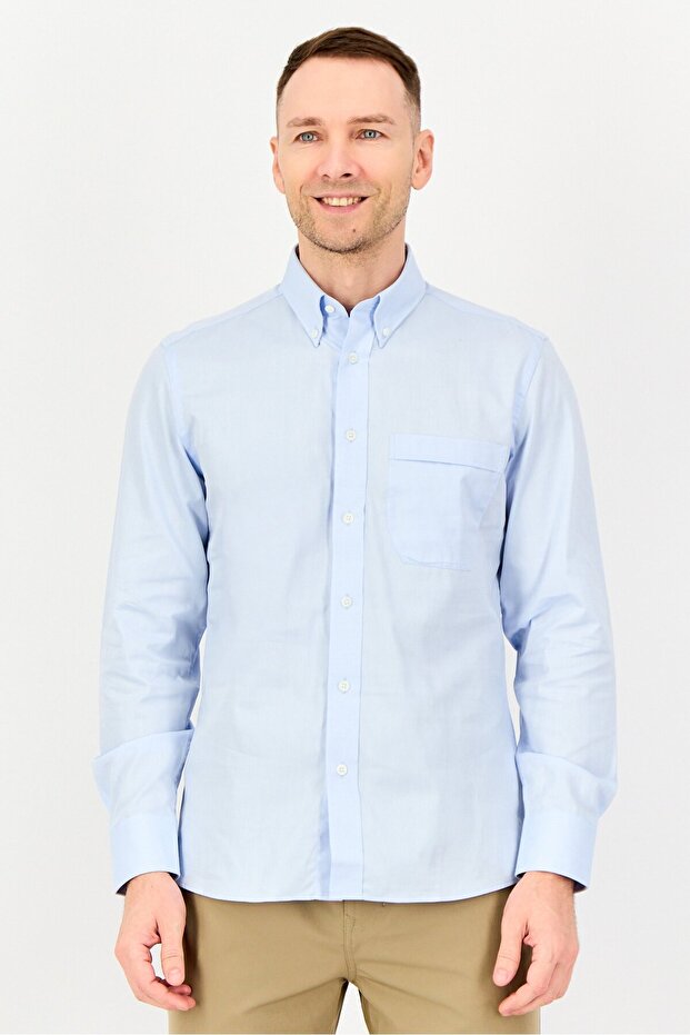 Men Tailored Fit Long Sleeve Plain Casual Shirt, Light Blue