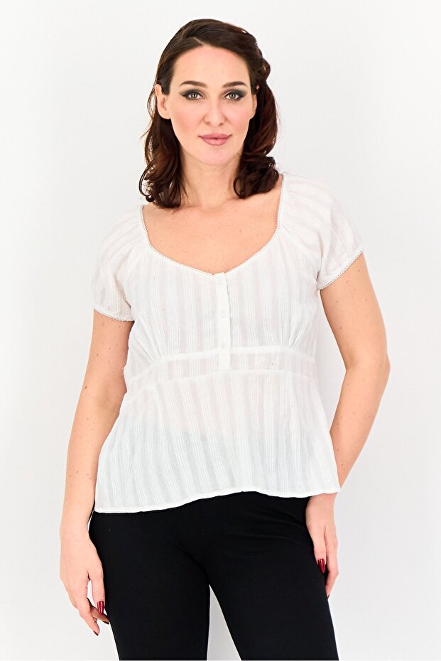 Women V Neck Pleated Short Sleeve Blouse, White