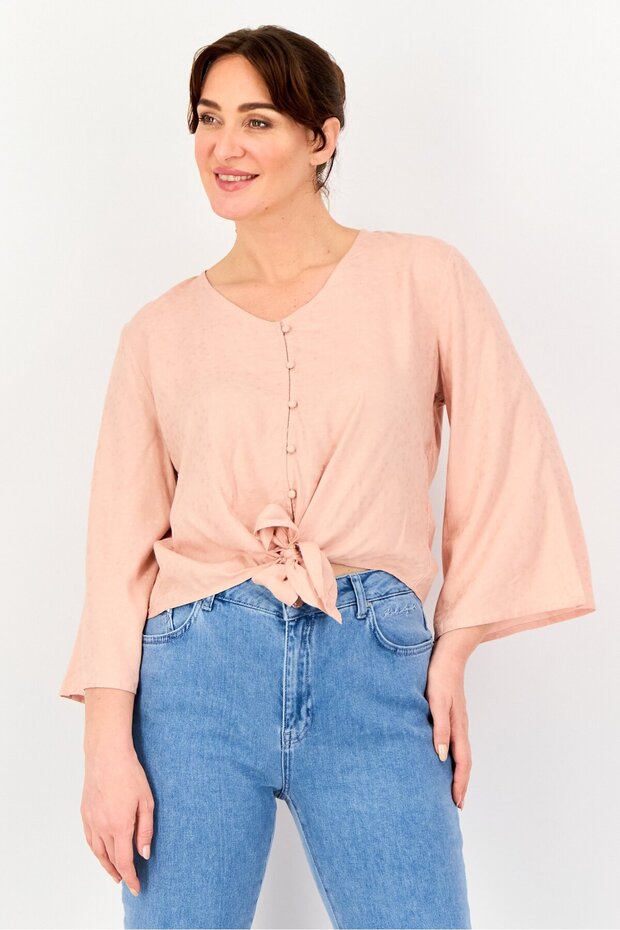Women V Neck Long Sleeve Solid Blouse, Dusty Pink