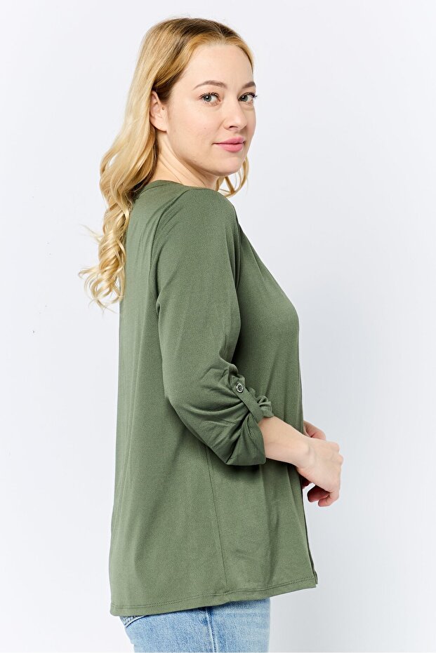 Women Split Neck Roll Tab Sleeve Solid Blouse, Olive - 3