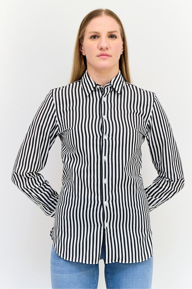 Women Tailored Fit Stripes Long Sleeves Dress Shirt Multicolor