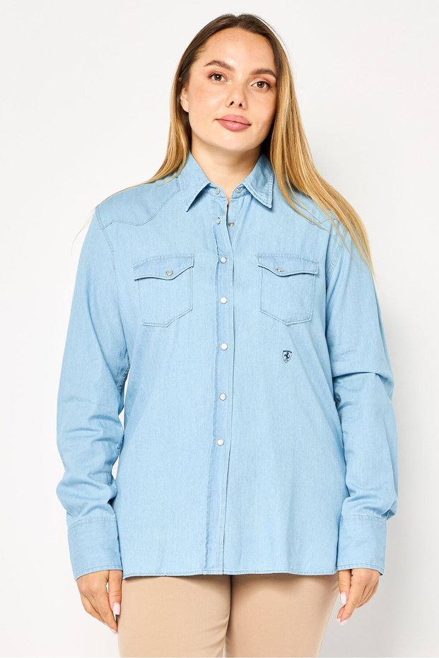 Women Slim Fit Washed Long Sleeves Denim Shirt, Blue
