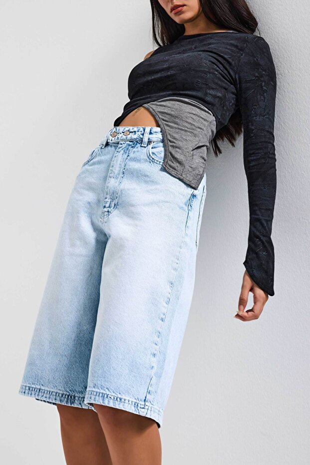 Kadın Ice 4s6-3 Maxi Boy Bermuda Kemer Detaylı Denim Şort - 5