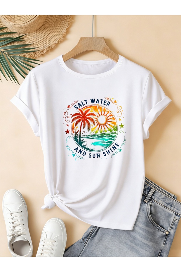 Women's Mix Printed Crew Neck Regular Fit Oversized T-Shirt