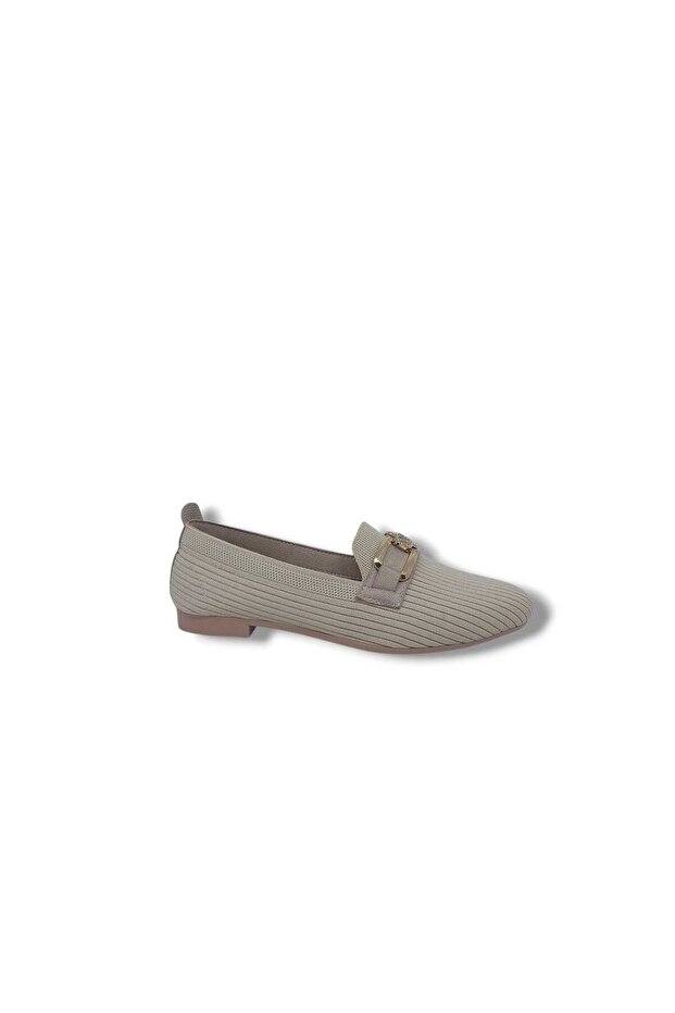 3130 Women's Cream Stone Buckled Macramé Knitted Moccasin Shoes