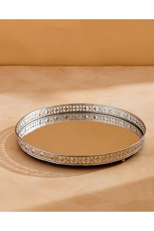 صينية مرآة دائرية فضية مزخرفة، 29 سم (قطر) × 3.5 سم
