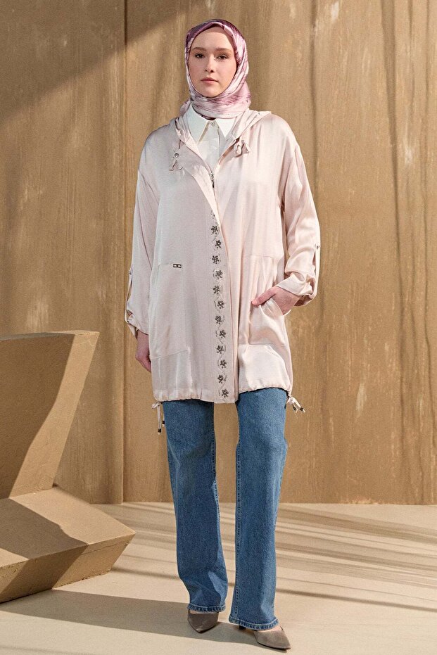 İşlemeli Floş Saten Tunik - 1