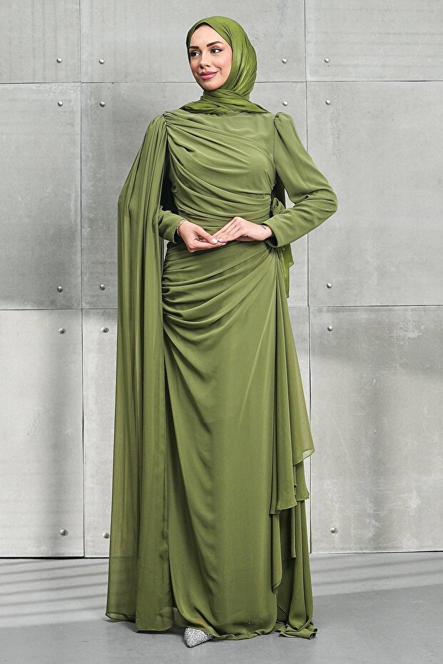Khaki Cape Detailed Chiffon Evening Dress with Rose Detail