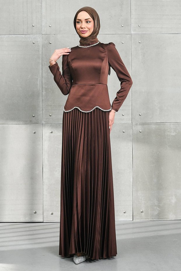 Brown Waist Stone Detailed Skirt Pleated Satin Evening Dress