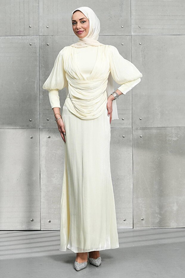 Cream Color Buy Chain Detail Drapeli Janjan Evening Dresses